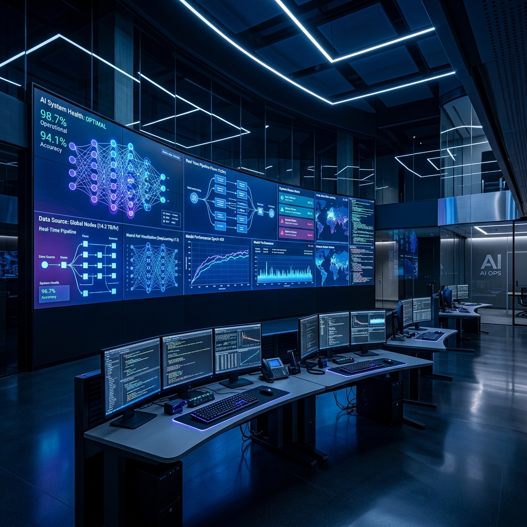 Modern AI operations center with real-time dashboards, neural network visualizations, and system health metrics