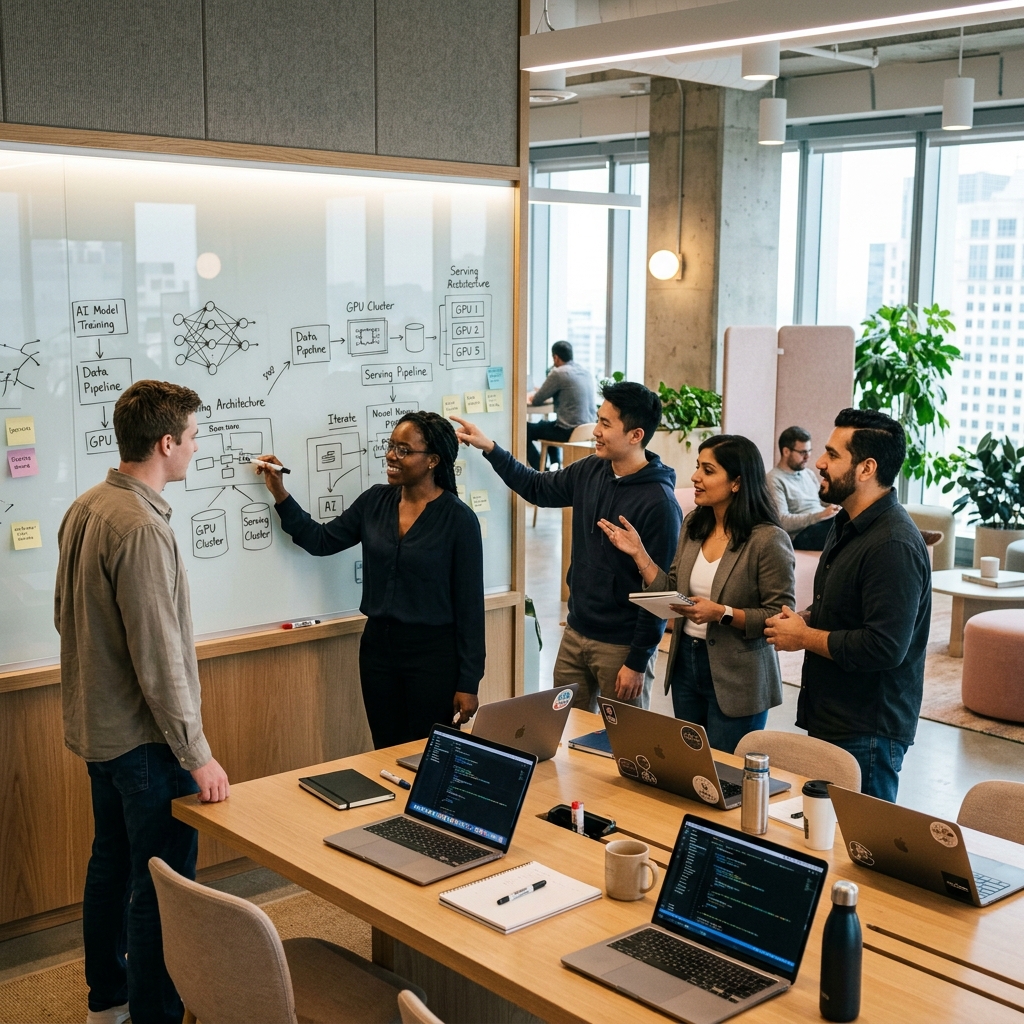 AI engineering team collaborating on system architecture at a glass whiteboard