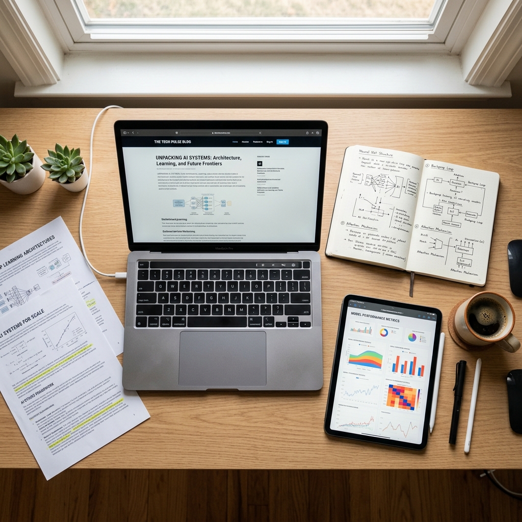 Research workspace with laptop, notebooks, and data visualizations for AI systems analysis