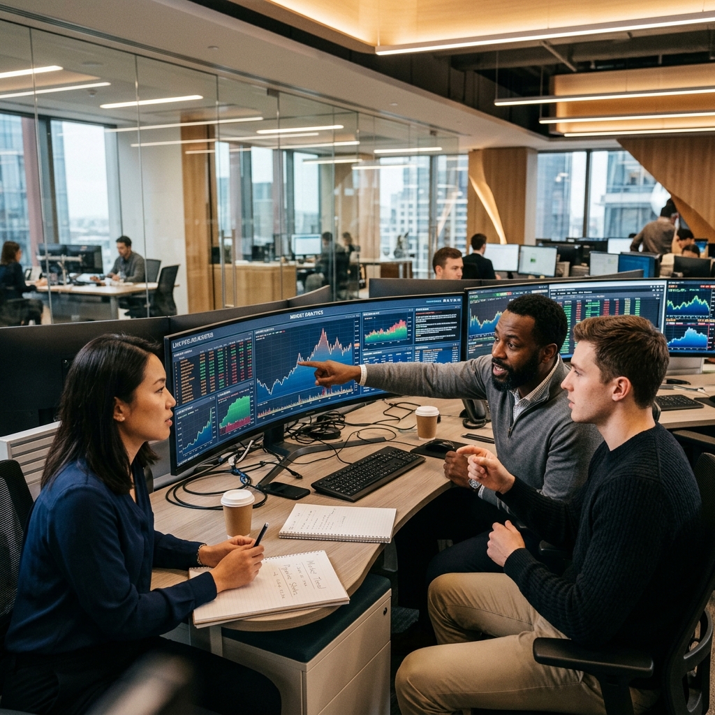 Financial analysts collaborating at a trading desk with curved monitors showing real-time market data