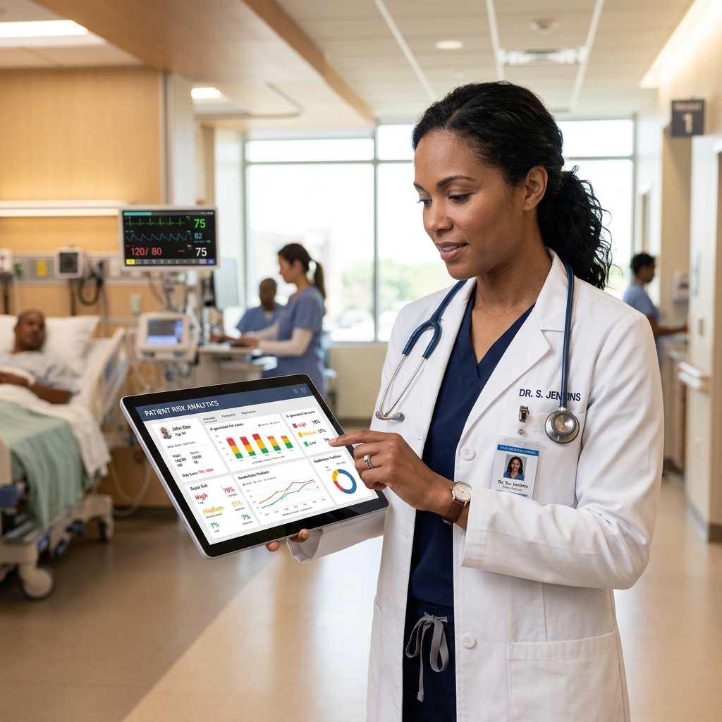 Doctor reviewing patient risk analytics on a tablet in a hospital ward with clinical monitoring equipment