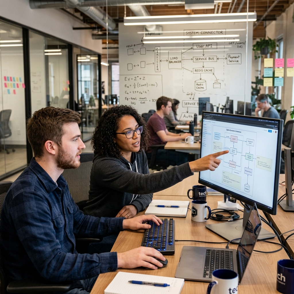 Two engineers reviewing a system architecture diagram on screen in an open-plan office, with a service-integration flow sketched on the glass wall behind them