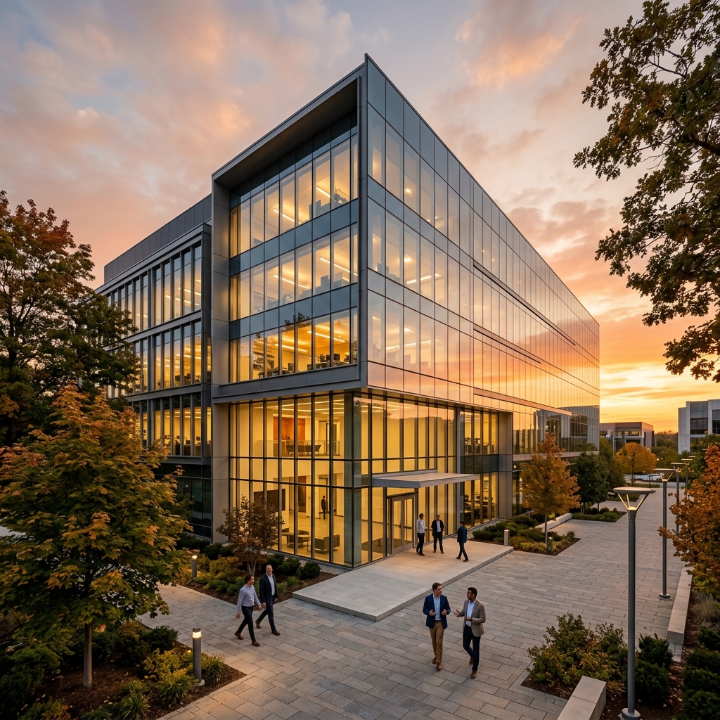 Modern tech office building at sunset with professionals entering, no external signage